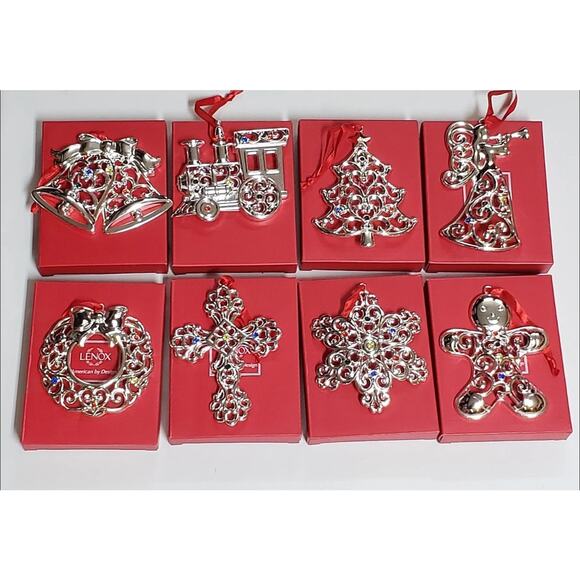 NEW Set of 8 Lenox Sparkle and Scroll Clear Crystal Silverplate Ornaments - Picture 1 of 5